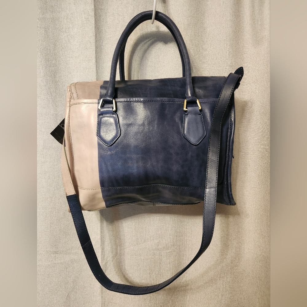 Cole Hann Leather Brooke Flap Deconstructed Tote Blue/Smoke NWT Flaw N Pic - Picture 3 of 16